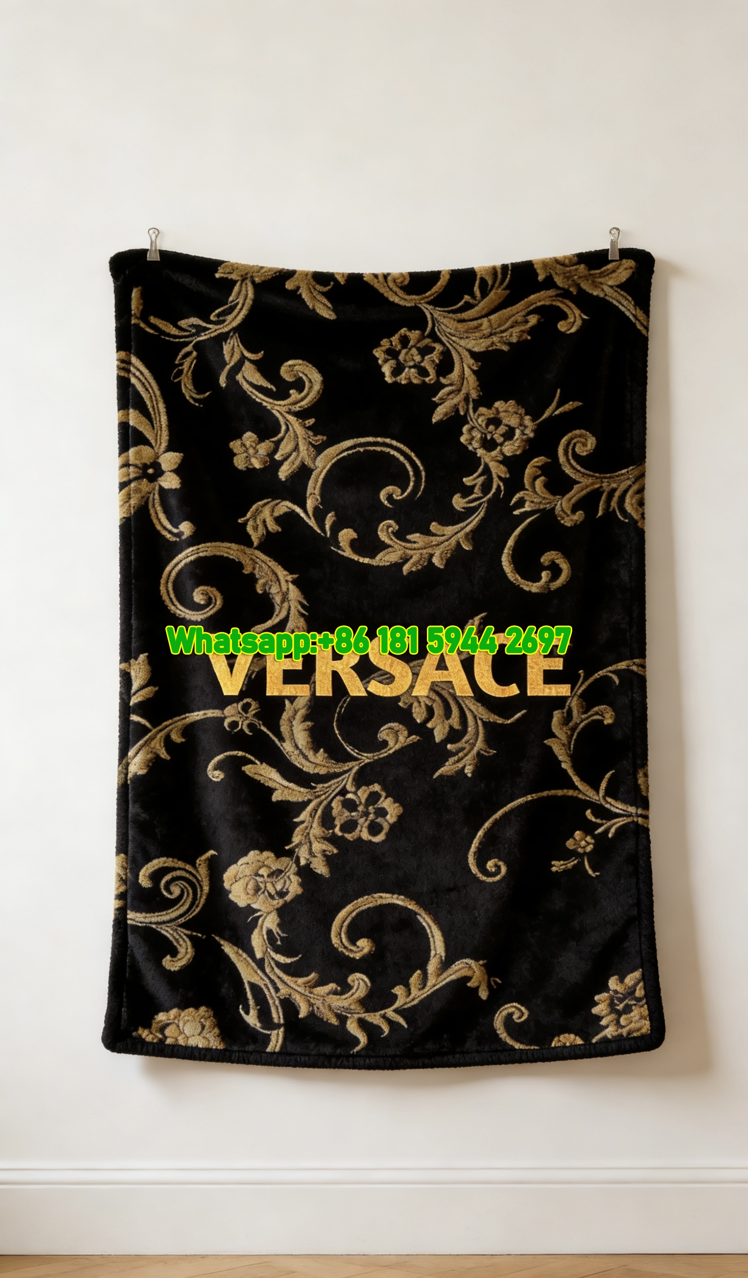 Versace Black Gold Baroque Floral Print Flannel Sofa Throw Blanket IMG_1450